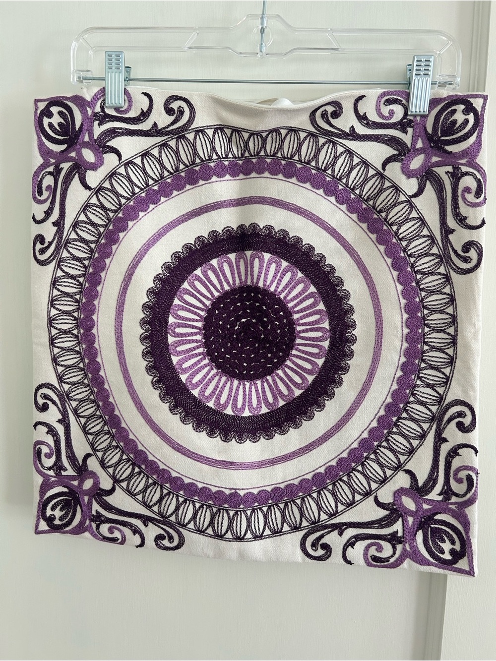 Purple & Off White embroidered Boho Mandala Pillow Sham Cover 17” x 17”